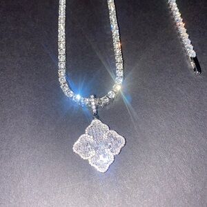 TENNIS NECK CHAIN 20” ICED PAVE CLOVER WHITE GOLD GP BRAND NEW GIFT BOX !!